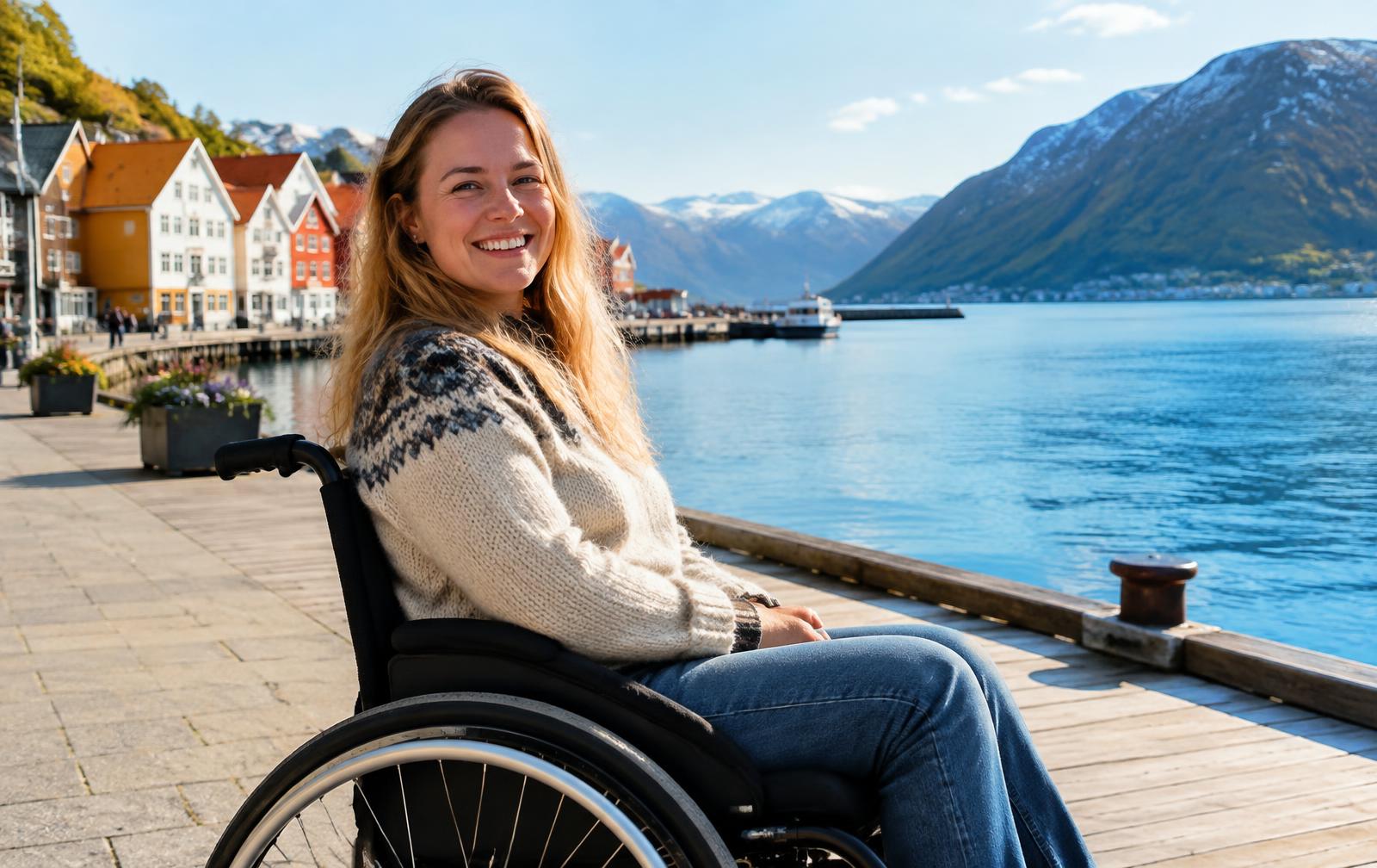Smilende kvinne i rullestol ved fjorden